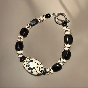 Dalmatian Jasper and Onyx Bracelet with silver toggle clasp 8.5”